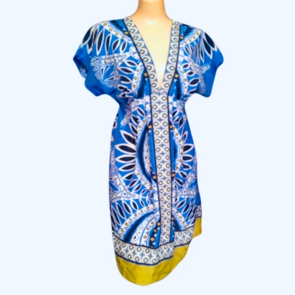 100% silk dress petite blue and lime knee length midi empire high waist XS new